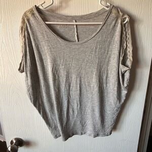 LOFT Light Gray Lace-Detail Short Sleeve Top
